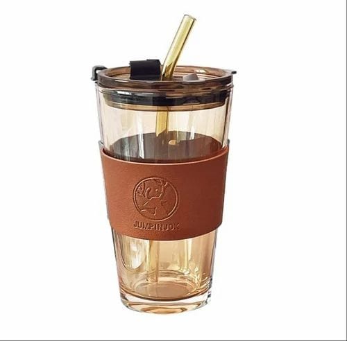 Premium Double-Wall Glass Tumbler with Leather Sleeve & Glass Straw – Leakproof, Dual-Use Cup for Hot & Cold Drinks