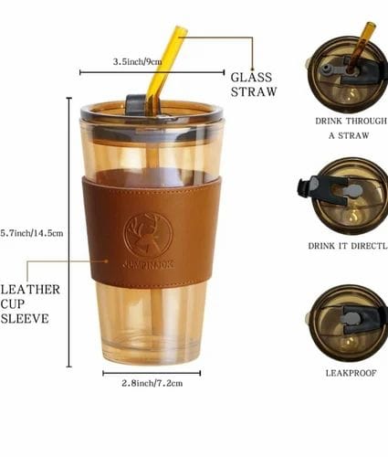 Premium Double-Wall Glass Tumbler with Leather Sleeve & Glass Straw – Leakproof, Dual-Use Cup for Hot & Cold Drinks