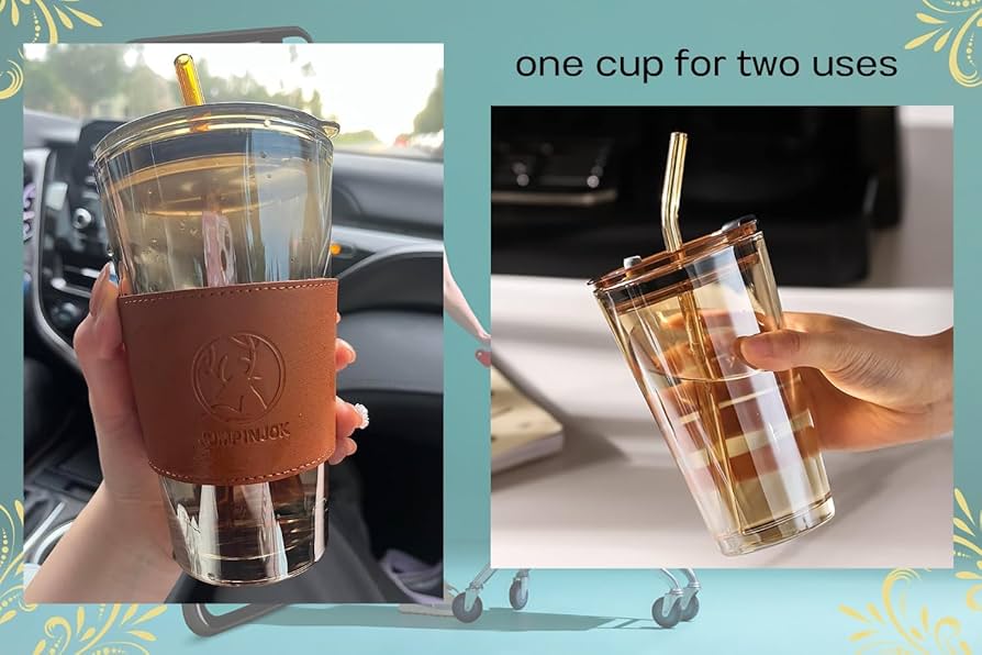 Premium Double-Wall Glass Tumbler with Leather Sleeve & Glass Straw – Leakproof, Dual-Use Cup for Hot & Cold Drinks