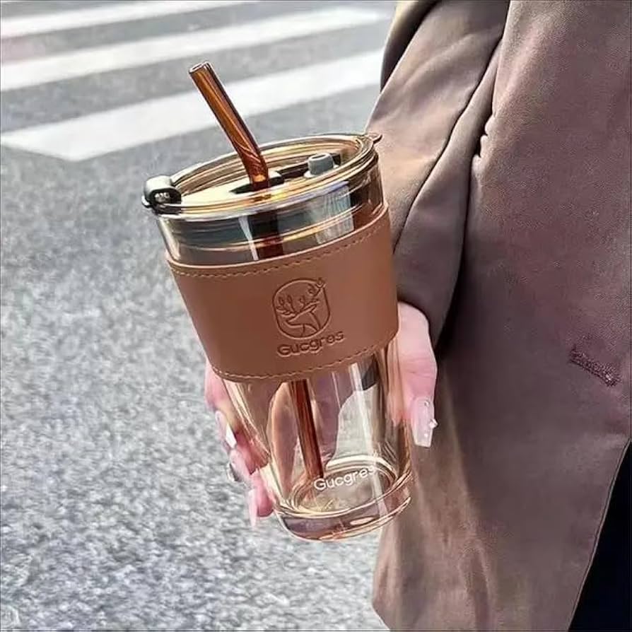 Premium Double-Wall Glass Tumbler with Leather Sleeve & Glass Straw – Leakproof, Dual-Use Cup for Hot & Cold Drinks